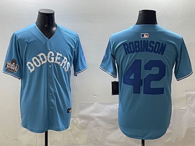 Men Los Angeles Dodgers #42 Robinson Light Blue Joint Name 2025 Nike MLB Jersey style 3